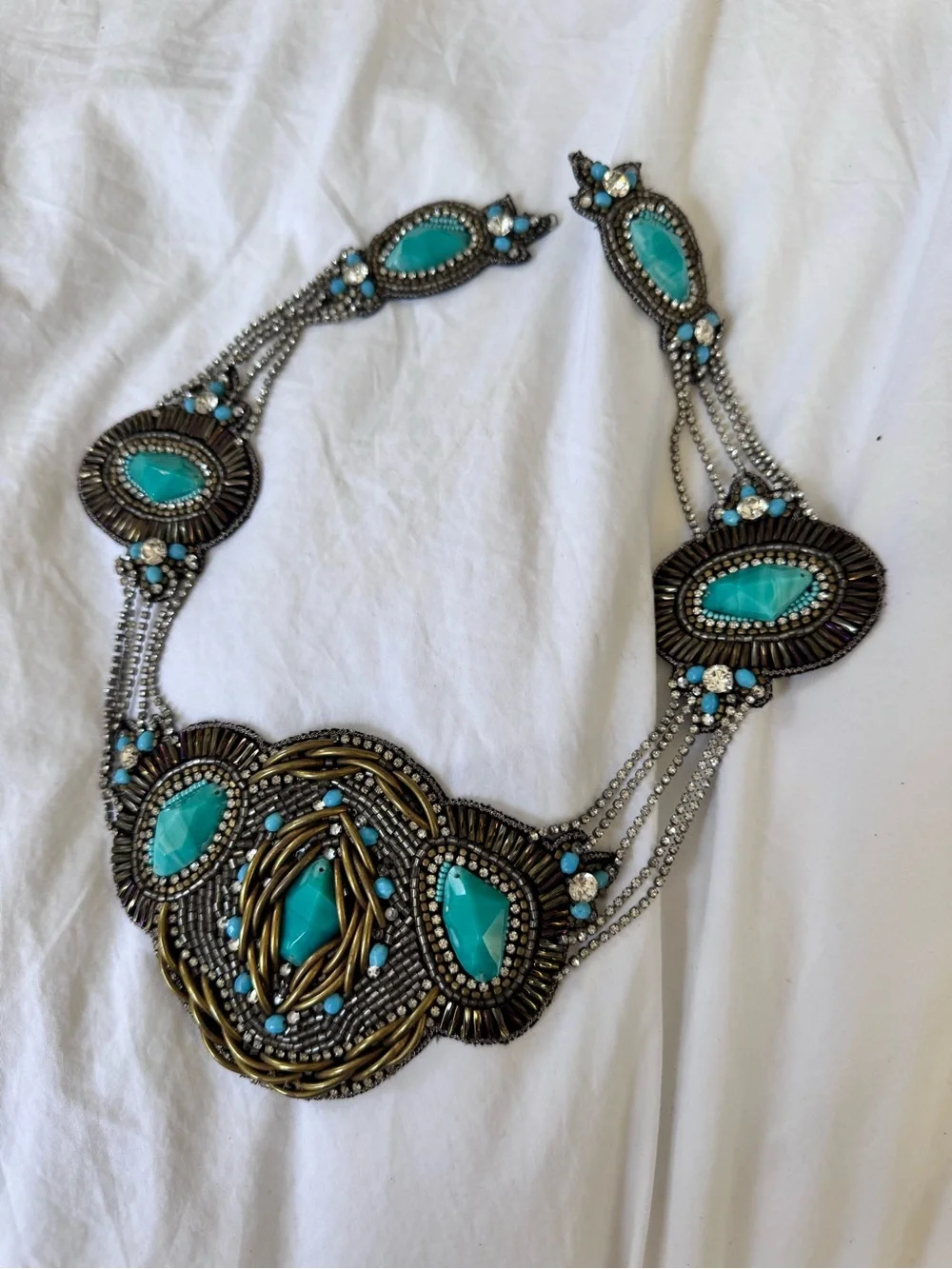 Turquoise leather Bibb statement necklace